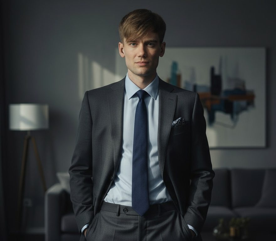 Rechtsanwalt Simon Hatje, ein Mann in geschmackvollem Anzug, steht in einem stilvoll eingerichteten Büro